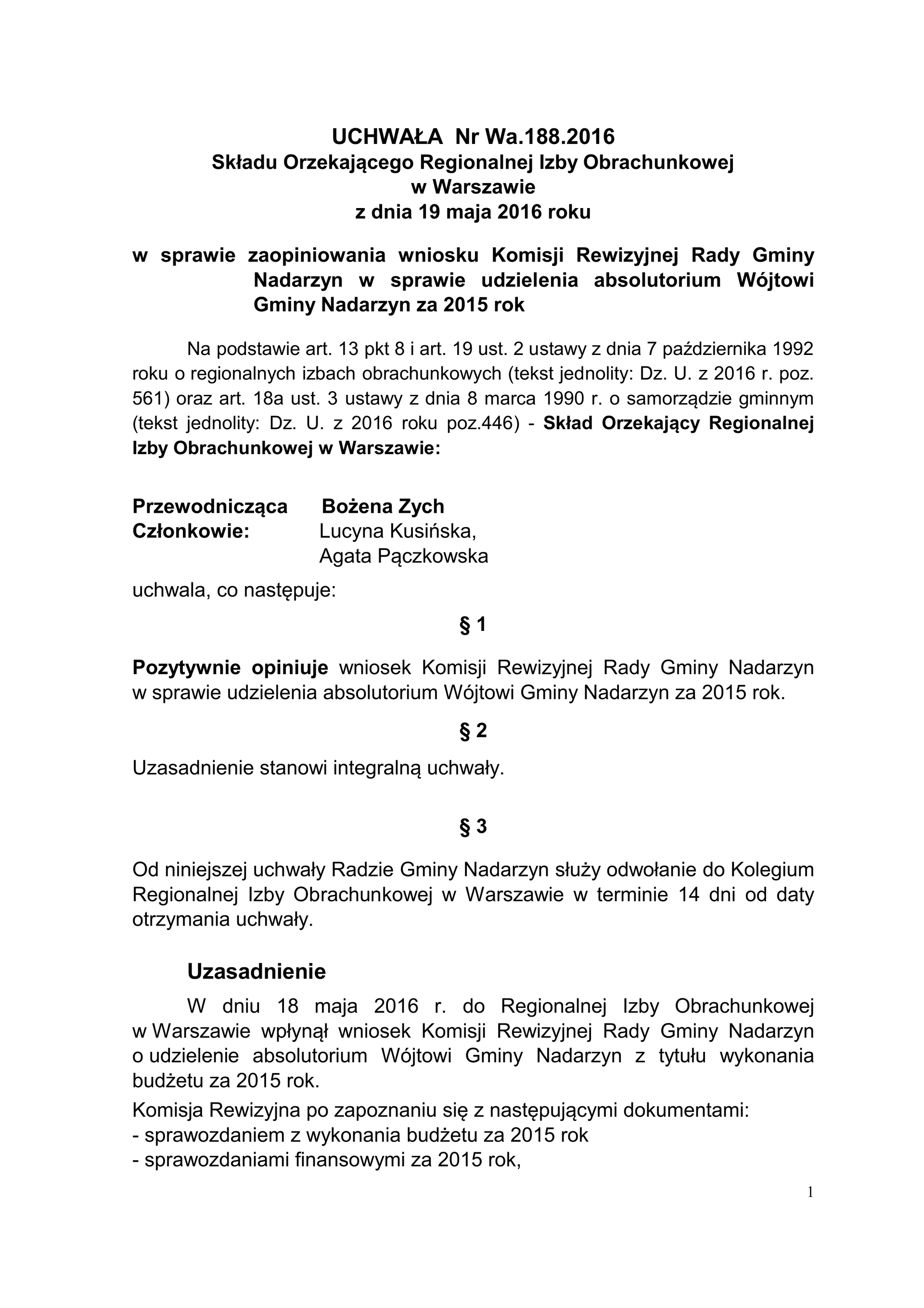 RIO pozytywnie na temat udzielenia absolutorium dla wójta