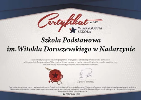 Szkoła Podstawowa w Nadarzynie z certyfikatem "Wiarygodna Szkola"