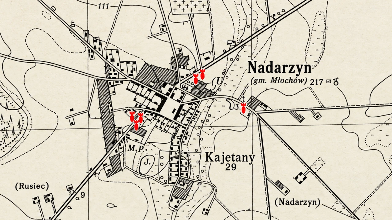 Mapa poglądowa bomb zrzuconych na Nadarzyn
