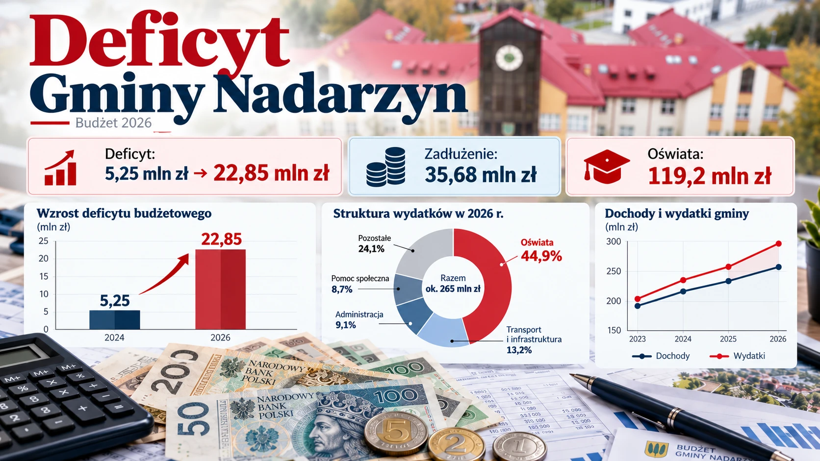 Deficyt gminy Nadarzyn wzrósł z 5 do prawie 23 milionów złotych. Na co idą pieniądze?
